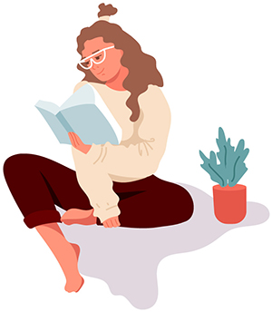 Illustrationav tjej som sitter och läser en bok