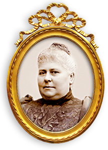 Porträttfoto av Augusta Lundin i guldram med krusiduller