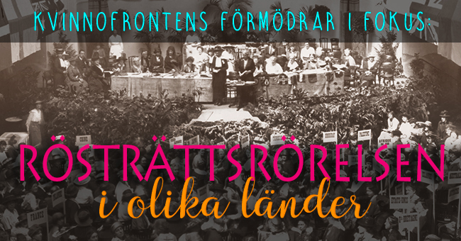 Foto från stor internationell konferens i Genève 1920. Överst står texten "Kvinnofrontens förmödrar i fokus" och längst ner står "Rösträttsrörelsen i olika länder"