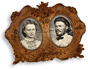 Snidad tjusig träram med ovala foton av Minna Canth och Johan Ferdinand Canth vid tiden för deras giftermål