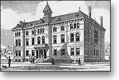 Illustration av byggnaden där skolan var