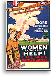 Rekryteringsaffisch för att kvinnor skulle bli piloter. En kvinna står och håller upp armen mot ett flygplan i luften ovanför. Texter på affischen: More aeroplanes are needed. Women, come and HELP!, Free training and maintenance allowances, Apply at Once