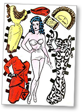 Ett ark med en klippdocka i form av Marla Drake och två korta och en lång klänning samt lite hattar med mera.