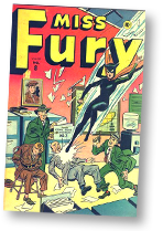 Omslagsbild till Miss Fury, där hon hoppar ner på tre skurkar som ska stjäla atombombshemligheter