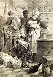 Illustration av mamma med barn i famnen som samtidigt lagar mat. En flicka sitter och syr intill vaggan av yttergare ett litet barn. I bakgrunden två kvinnor som hänger tvätt.