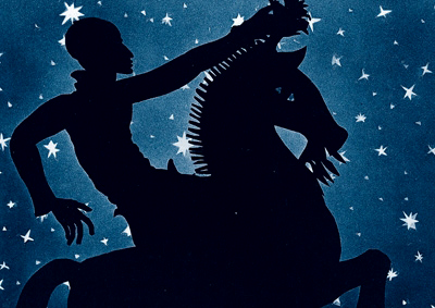 Skarpt beskuren bild av Achmed på sin häst i en dramatisk pose, i bakgrunden mörk blå himmel och vita stjärnor.
