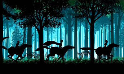 Siluett av tre ryttare till häst som rider i galopp genom en skog med varsitt träd mellan sig. Bakgrunden består av ännu fler träd tonade i blått med grönt längst marken och högst upp i trädens bladverk