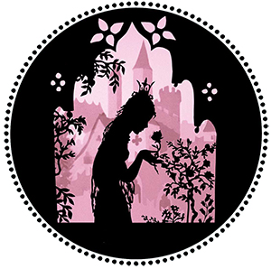 Siluett av flicka som håller i en ros. I bakgrunden rosa tinnar och torn, vid sidorna av henne finns rosenbuskar och grenar av andra buskar. Suluetten är rund och är omgiven av en linje av svarta prickar