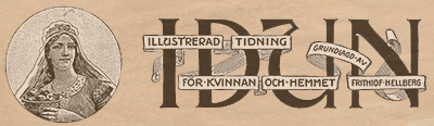 Loggan till tidningen IDUN med en kvinna i slöja till vänster och runt ordet IDUN slingrar sig band där det står: Illustrerad tining för kvinnan och hemmet. Grundlagd av Frithiof Hellberg