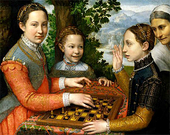 Tre flickor eller unga kvinnor spelar schank. Instickande i bilden från höger finns en äldre kvinna.
