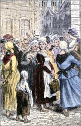 Illustration av en samling kvinnor som står på gatan utanför ett bageri, men bilden är kapad så att bageriet inte syns
