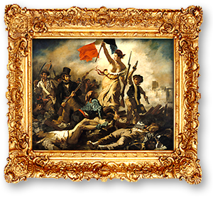 Målning i guldram: Friheten på barrikaderna av Eugène Delacroix