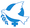 WILPF:s logotyp med en fredsduva framför ett blått kvinnomärke