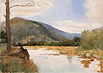 Landskapsmålning som Constace Markievicz målat, av berg, träd och vatten