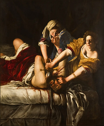 Målning av Judith och hennes tjänsteflicka som skär halsen av Holofernes. Det är en våldsam scen där blodet stänker trots attd e försöker hålla honom ifrån sig
