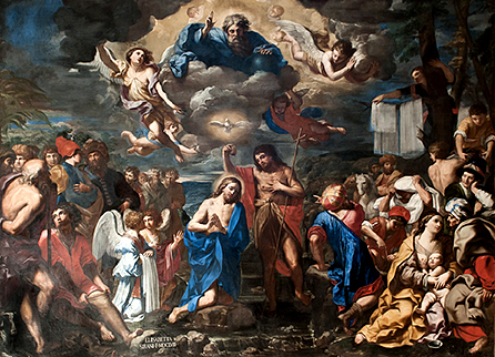Målning av Elisabetta Sirani med Jesus i mitten och massor av folk runt omkring. I himlen, bakom moln, finns Gud och änglar
