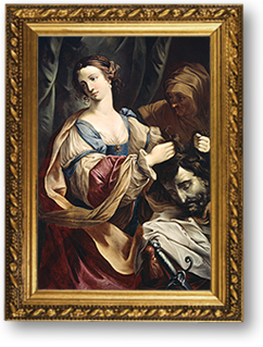 Målning av Judith som håller Holofernes huvud i håret medan tjänstekvinnan står bakom
