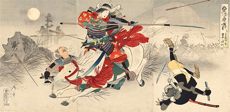 Illustration av Tomoe Gozen i röd klädsel som med sin naginata slåss mot en fiende på var sida om hennes vita häst