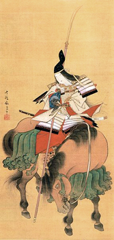 Gammaldags illustration av kvinna  med vapen som sitter på en häst