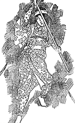 Svartvit illustration av flicka med naginata