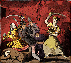Färgad teckning av Ching Shih  fäktandes med en motståndare. Tre andra tittar på i mitten av bilden och runt dem ligger döda eller skadade.