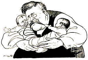 Illustration av tjock gubbe med stor mustasch som håller två bäbisar i sina armar