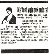 Reklam för mødrahygienkontoret med text och en bild av en mamma med barn i famnen