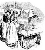 Illustration av två tändsticksarbeterskor som står och packar tändstickor