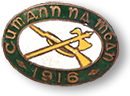 Rockmärke i vitt guld/gult och grönt med texten "Cumann na mBan 1916" runt om och ett gevär och en yxliknande sak i mitten