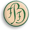 Fredrika Bremer-förbundets senare dymbol med ett litet F, ett stort B och ett till litet F inne i B:et, i blekgult och grönt