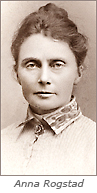 Porträttfoto av bestämd kvinna som ser rakt in i kameran och under står: Anna Rogstad