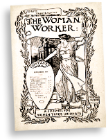Omslag till tidningen The Woman Worker, med den klassiska kvinnan med fana och sköld.