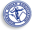 Runt märke för Womens Indian Assoiation med namnet runt om och en kvinna i mitten, allt i vitt och blått