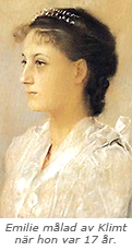 Porträttmålning av ung kvinna med texten: Emelie målad av Klimt när hon var 17 år.