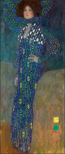 Klimts kända målning av Emilie Flöge i blå klänning