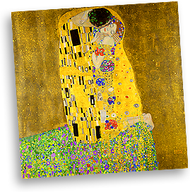 Klimts målning kyssen i guld och starkt mönster