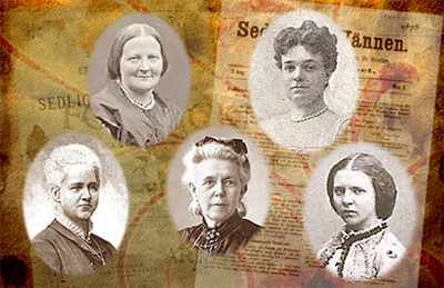 Illustration med en bakgrund av diverse gamla Federationspapper  och på dem runda porträttbilder  av fem olika kvinnor