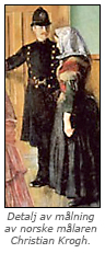 Målning av polis som står vid kvinna med sjalett som ser ner i marken, med texten: Detalj av målning av norske målaren Christian Krogh