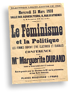 Affisch om feministiskt möte som Marguerite Durand ska tala på, om valet 1910