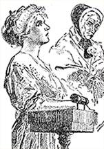 Illustration av kvinna som står med armen lutad mot ett brod, i bakgrunden en dam i bahytt