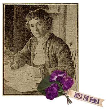Emily vid tiden för sin död, sitter vid ett bord och kollar papper, i förgrunden en lila och grön blomma med en vit banderoll med texten Votes for Women