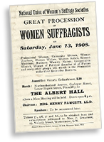 Affisch för suffragistmarsch till Albert Hall där "Mrs Henry Fawcett" ska tala