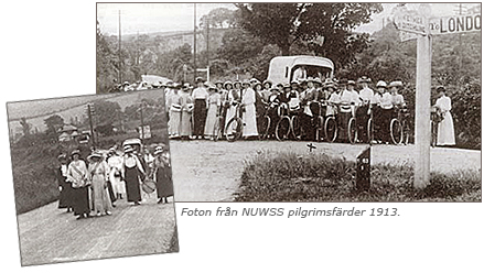 Foton av gående och cyklande kvinnor på pilgrimsfärden för rösträtt 1913