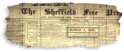 Tidningsklipp från Sheffield 1 mars 1851