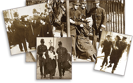 Bildcollage av fyra fotografier där suffragetter förs bort av polismän som lyfter och drar dem