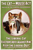 Affisch om The Cat and Mouse Act med en illustration av en jättekatt som har en livlös suffragett i munnen