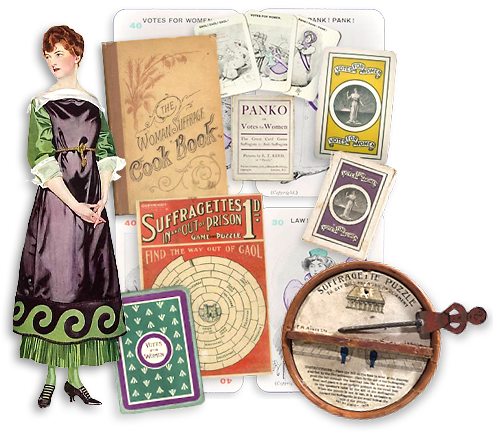 Collage av suffragette-saker: klänning, kokbok, spel, kortlekar med mera