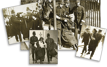Collage av fotografier på suffragetter som grips av poliser