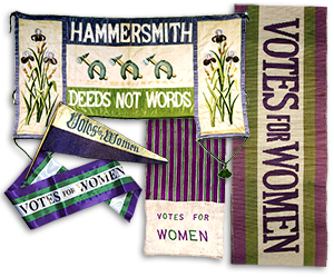 Diverse banderoller, vimpel, band etc i grönt, vitt och lila med "Votes for Women" m.m. på.
