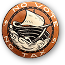 Rockmärke i brunt och svart med en båt på stormigt vatten, runt den står "No Vote - No tax"